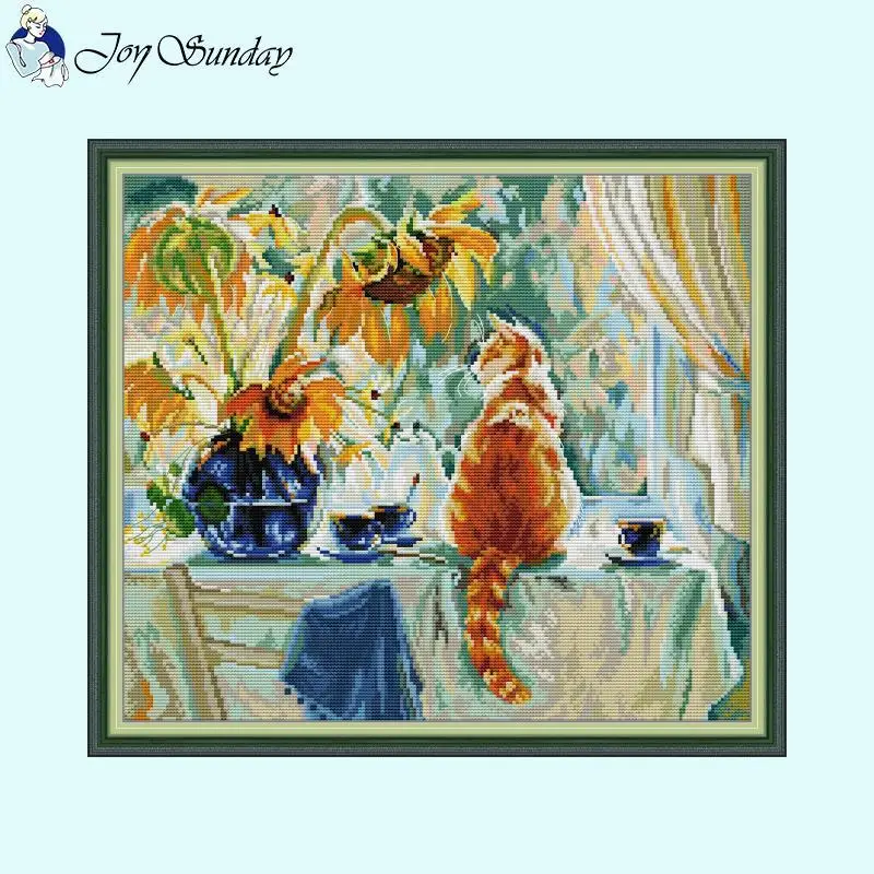 Joy Sunday Cross Stitch Kits Cat and Sunflower Pattern 14CT 16CT 11CT Count Printed Set DIY Animal and Flower Pattern Embroidery