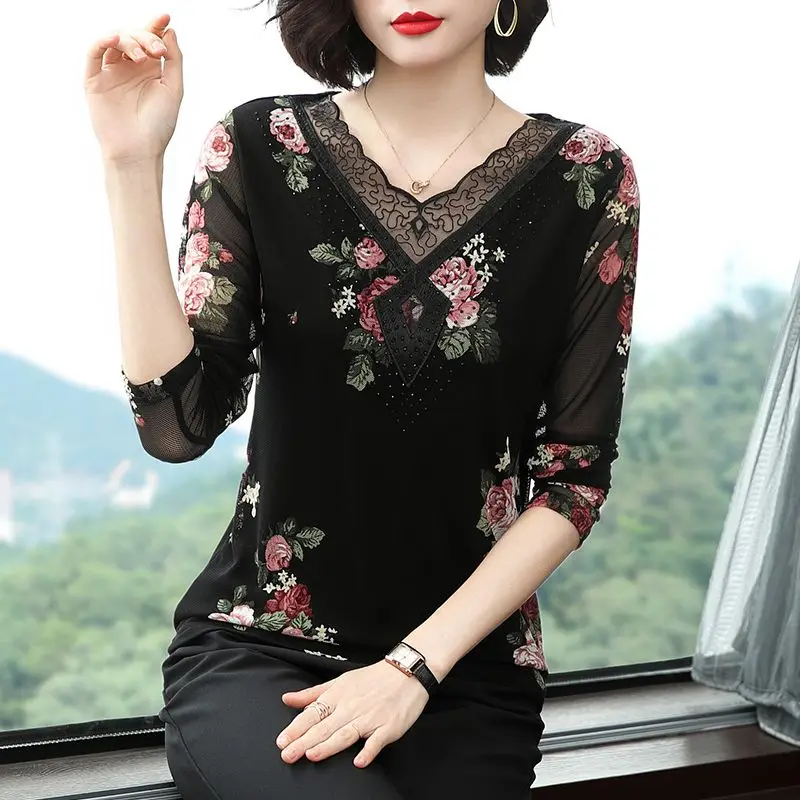 2025 Autumn New Printed Leisure Multi Functional Loose T-shirt Splicing Long Sleeved Women Top
