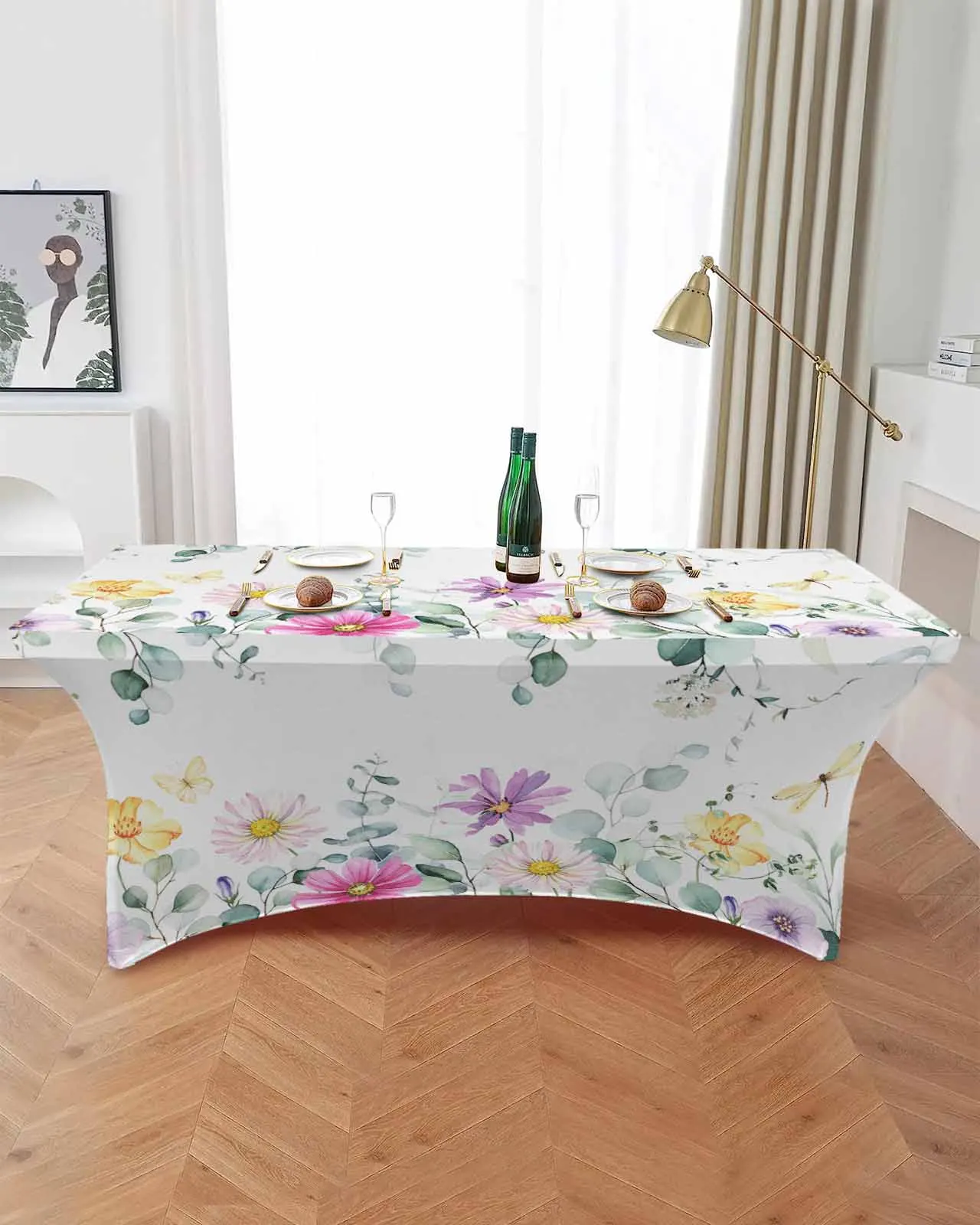 Idyllic Wildflower Leaves Elastic Table Skirt Wedding Birthday Table Decoration Table Skirt Tablecloth for Party