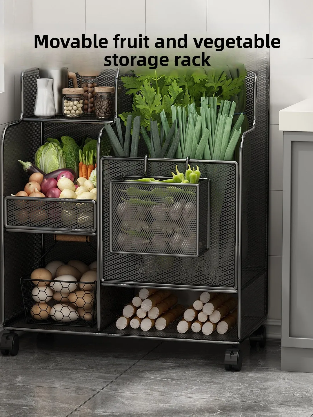 

Kitchen Storage Ra Stand Multi-Layer Metal elf for Spices Sauces Oil Vinegar Vegetable Storage Organizer with Wheels