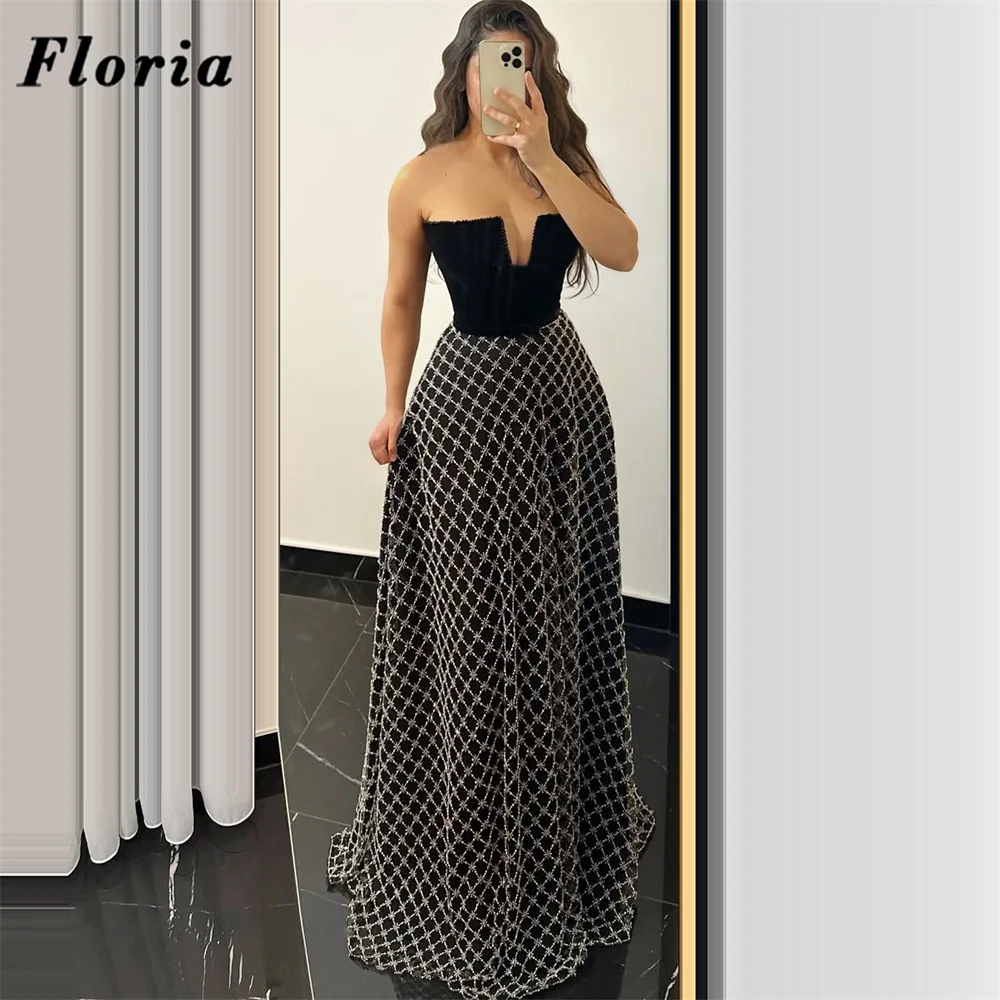 

Charming Black Glitter Beading Evening Dresses A Line Strapless Formal Prom Dress A Line Crystals Wedding Party Gowns Customized