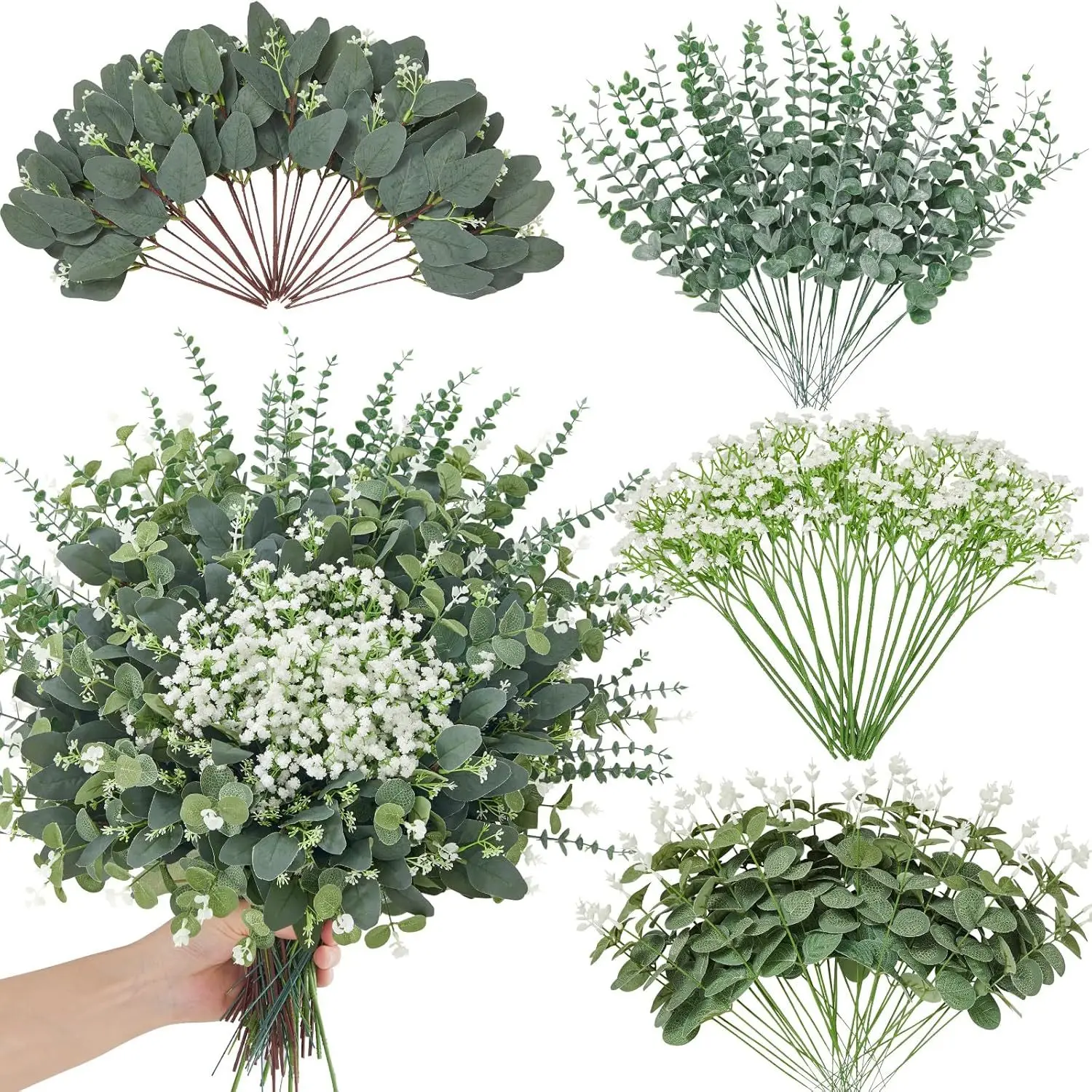 Image of 16/30/50 Stück künstliche Eukalyptusblätter, Stiele, Blumenstrauß für Zuhause, Raumdekoration, Hochzeitsdekoration, Vase, Blumenarrangement, Zubehör