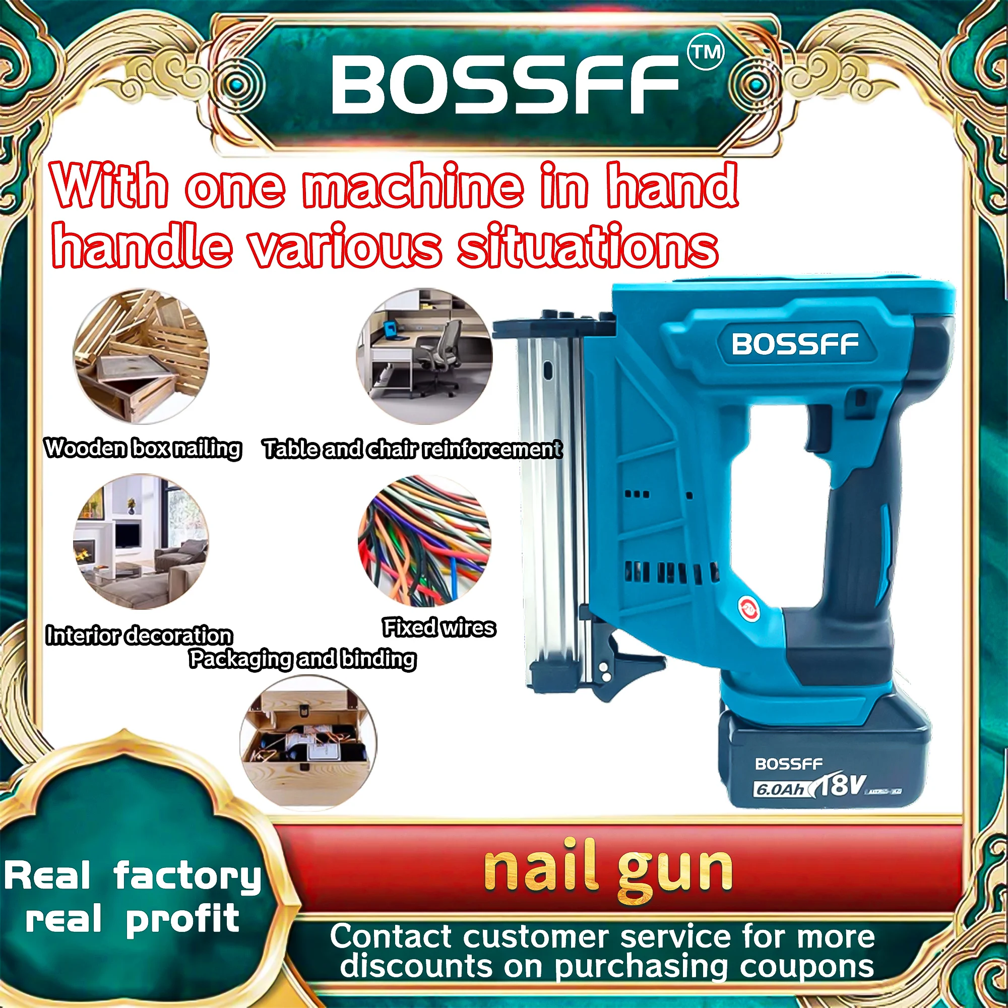 BOSSFF Cordless Electric Nailer Stapler Gun Home DIY For Makita 18V Li Battery Profession With Nails Woodworking Power Tool