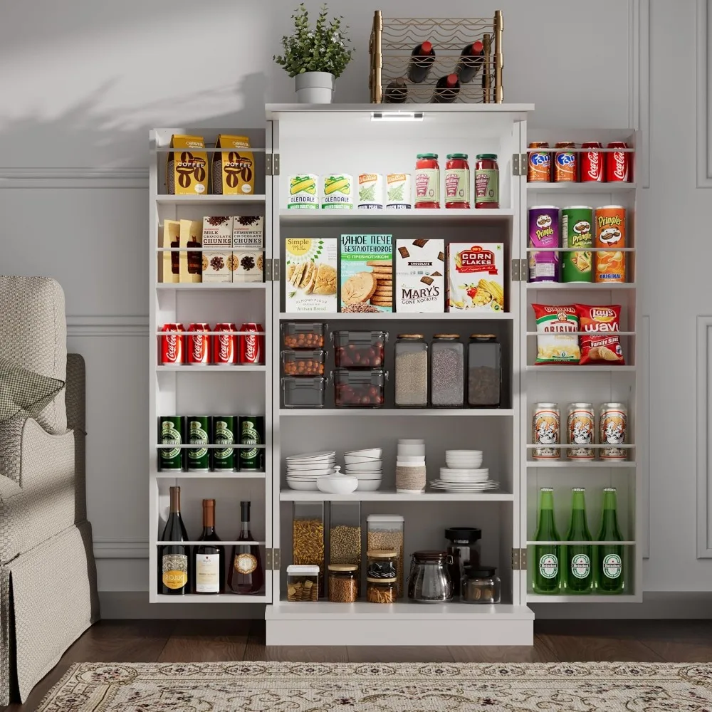 

50'' LED Kitchen Pantry Storage Cabinet, White Pantry Cabinets for Kitchen with Adjustable Shelves, Freestanding Food Storage Ca