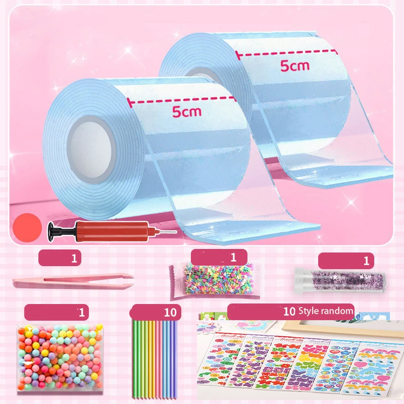 DIY Blow Bubble Nano Tape Komplettes Set aus PET Nano Kleber Kneten Musik Doppelseitiges Klebeband Dekompressionsspielzeug Aufkleber Geschenk