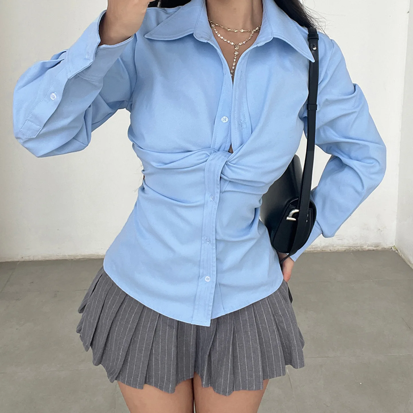 

Zeyla Fall Blue Shirt Women's Long Sleeve V-Neck Cuffed Twist Ruched Button Slim Fit Waist Stylish Design Top