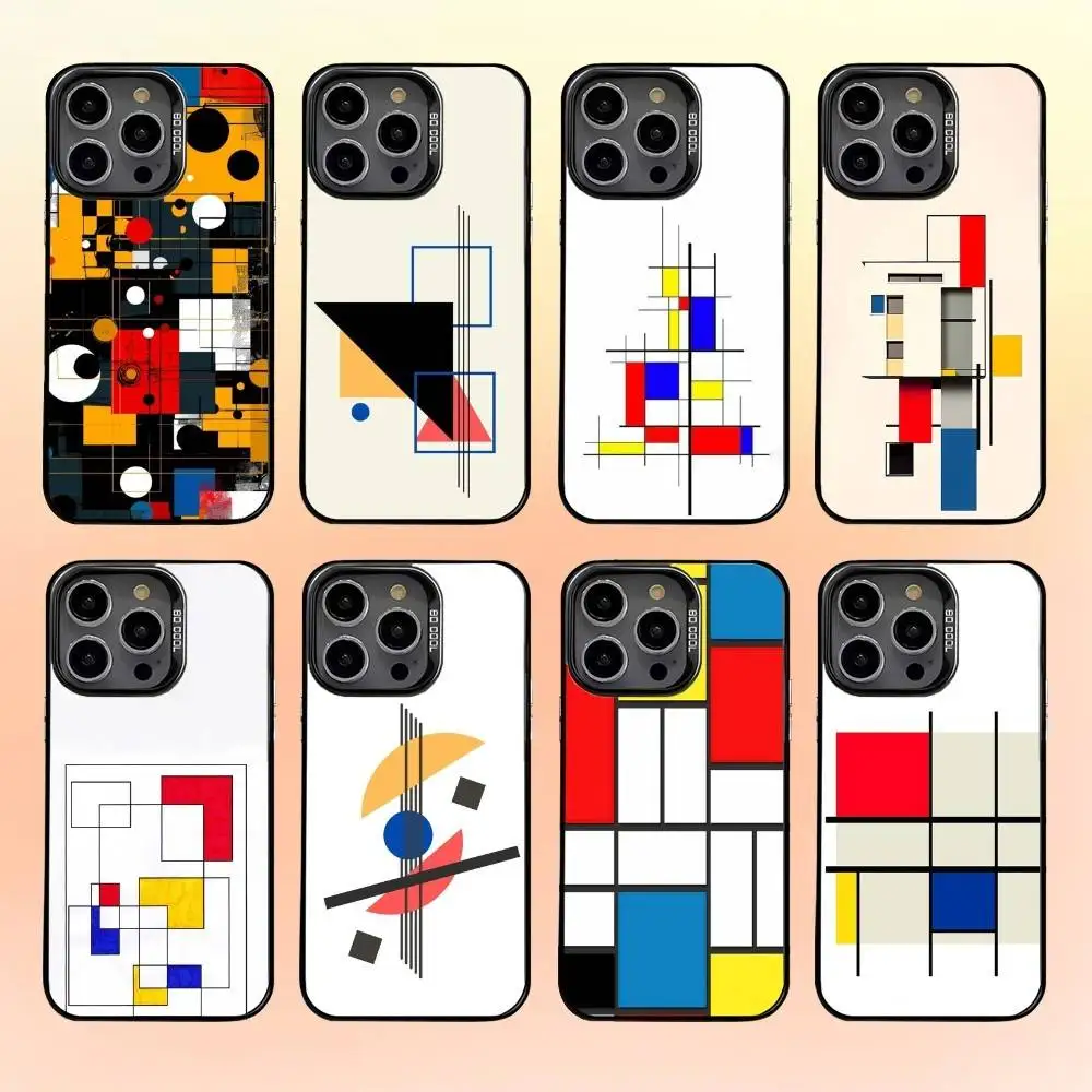 

Abstract Piet Mondrian Pattern Phone Case For iPhone 16,15,14,13,12,11,Pro,MAX Gray Matte Silicone Black Cover