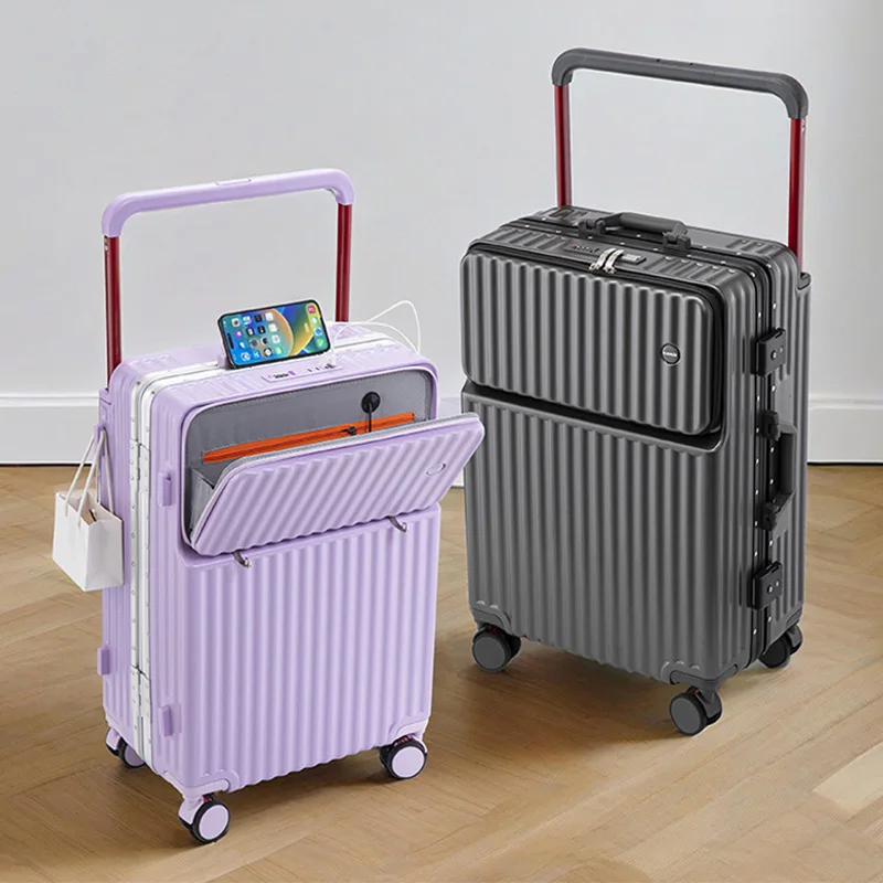 Valigia da viaggio in ABS da 20/24/26 pollici Maniglia larga Bagagli con apertura frontale con porta USB Supporto per telefono Ruote freno per donna Uomo Viaggio