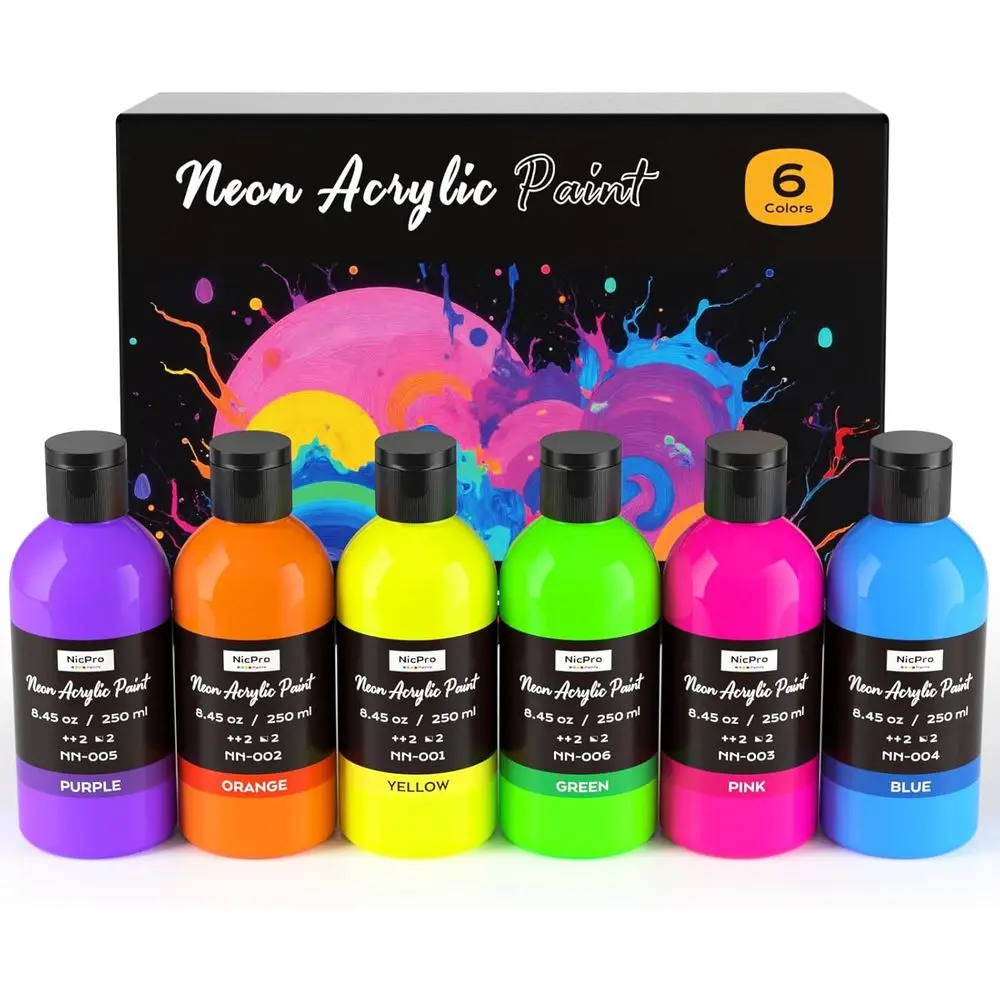 

Набор из 6 флуоресцентных акриловых красок (8,45 унций), светящиеся в черном свете, нетоксичные и яркие неоновые краски для неоновых вечеринок или декораций, D