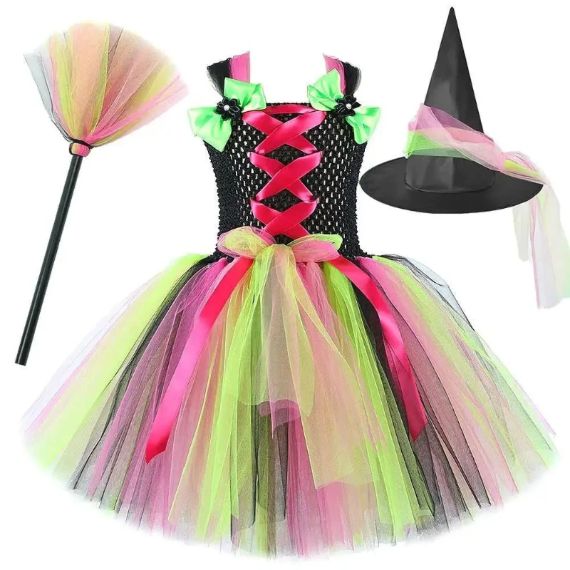 

Kids Halloween Witch Costumes for Girls Hat Broom Children Hallowmas Disguise Outfit Carnival Party Fancy Dresses with Witches