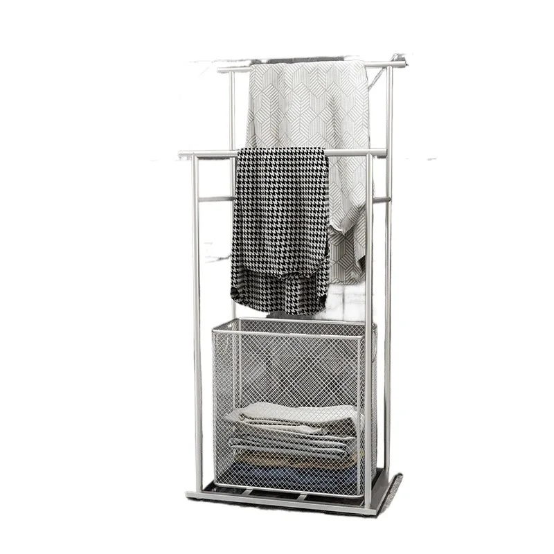 Nordic light luxury bathroom rack floor towel  without punching  bathtub side dirty clothes basket