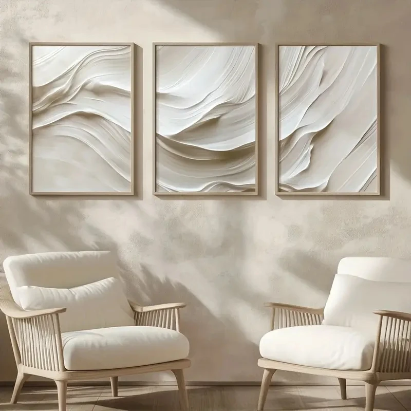 3 pçs/set Neutro Bege Arte de Parede Simples, Pintura Abstrata Ondulada em Tela, Decoração de Parede Moderna Escritório Café Bar Decoração de Casa