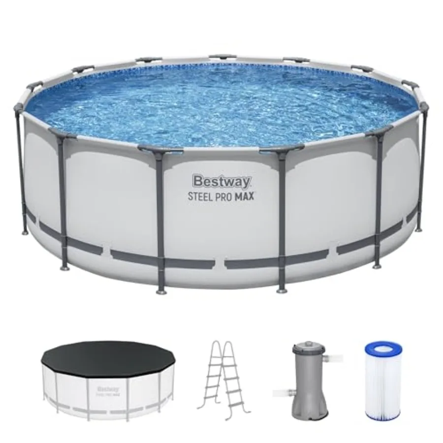 

Outdoor swimming pool set for backyard use, steel frame with gray finish, includes filter pump, ladder, and cover