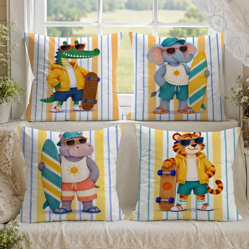 Stylish Cartoon Animals Skateboarding Surfing Cushion Cover 1/4PCS Linen Sofa Couch Bedroom Living Room Home Decor Pillow Case