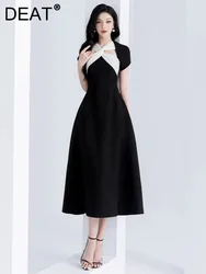 DEAT Elegant Dress Contrast Color Cross Kink V-neck Patchwork Slim Mid-calf Women's Dresses 2024 Summer New Fashion 13DB4588