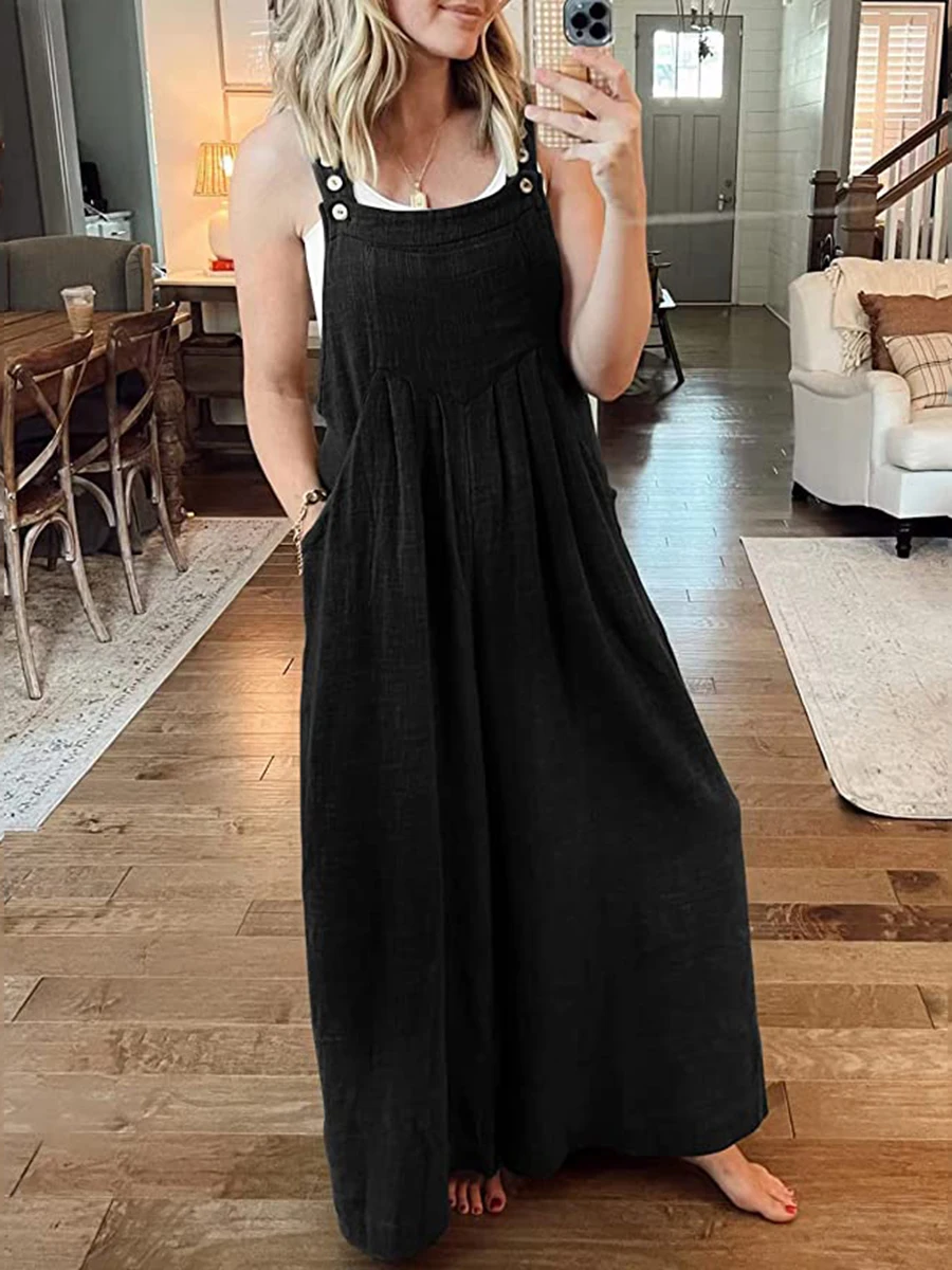 Women s Casual Loose Fit Overalls Solid Color Baggy Jumpsuit Romper with Cargo Pockets and Wide Leg Pants for a Stylish Look