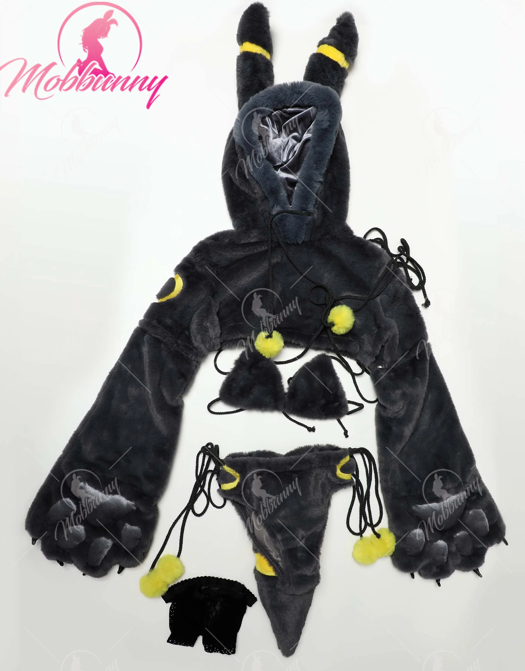 Mobbunny-Luvas Pata Peludas Top Hoodie e Sutiã com Meias para Mulheres, Lingerie Sexy, Kawaii Plush Homewear, Lingerie PM, Peludo