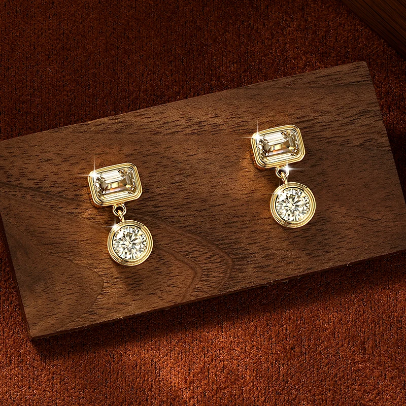 Rrjzz 5 mm runder Moissanit-Ohrring mit 4 x 6 mm Smaragdschliff, kubischer Zirkonia, Verlobungs-Ohrstecker für Frauen, baumelnde Ohrringe, Schmuck, Geschenke – Detail 4
