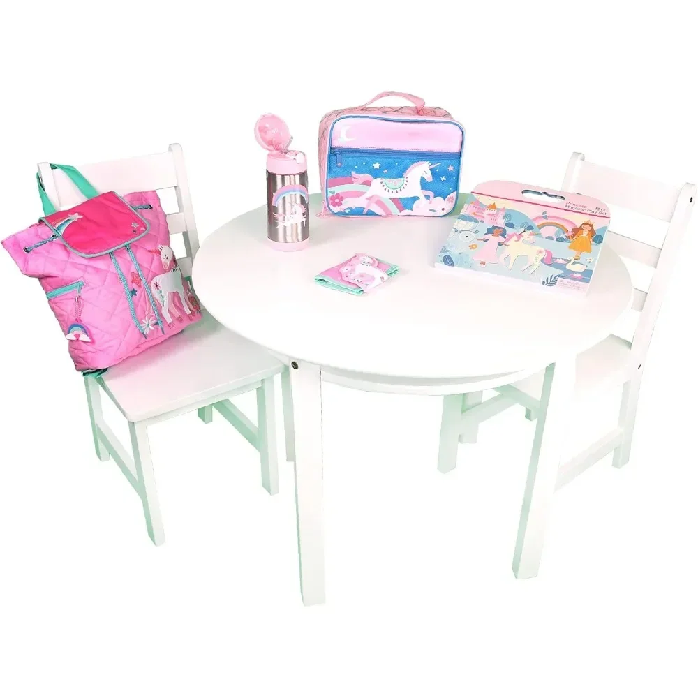 

Children's White Round Table with Shelf and Two Chairs, Unicorn Backpack, Lunch Box, Thermos, Magnetic Toy, and Wallet