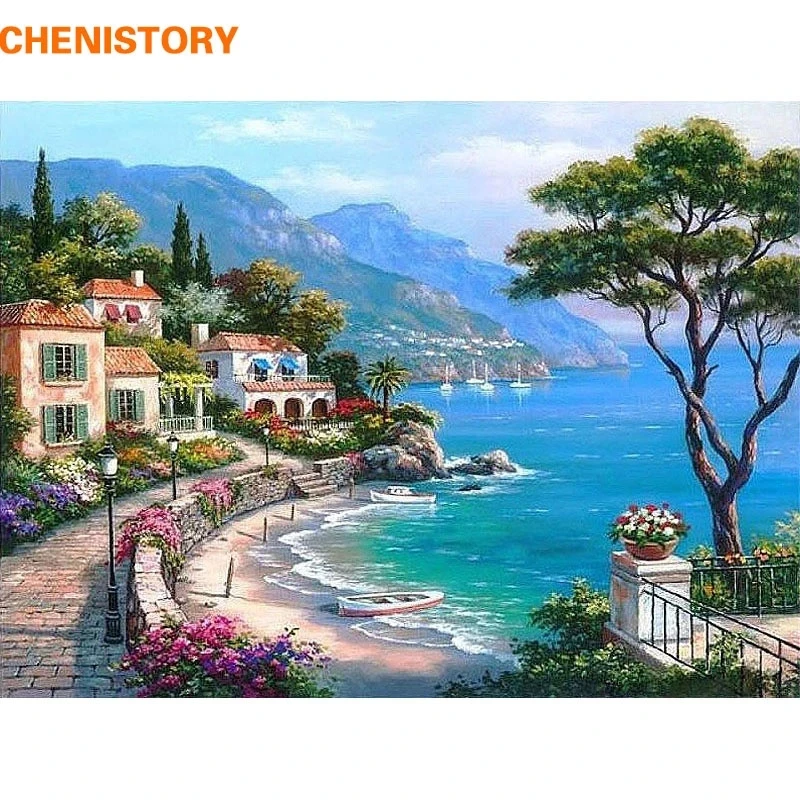 CHENISTORY Mediterranean Sea Landscape DIY Painting By Numbers Kits Paint On Canvas With Wooden Framed For Home Wall Deocr Gift