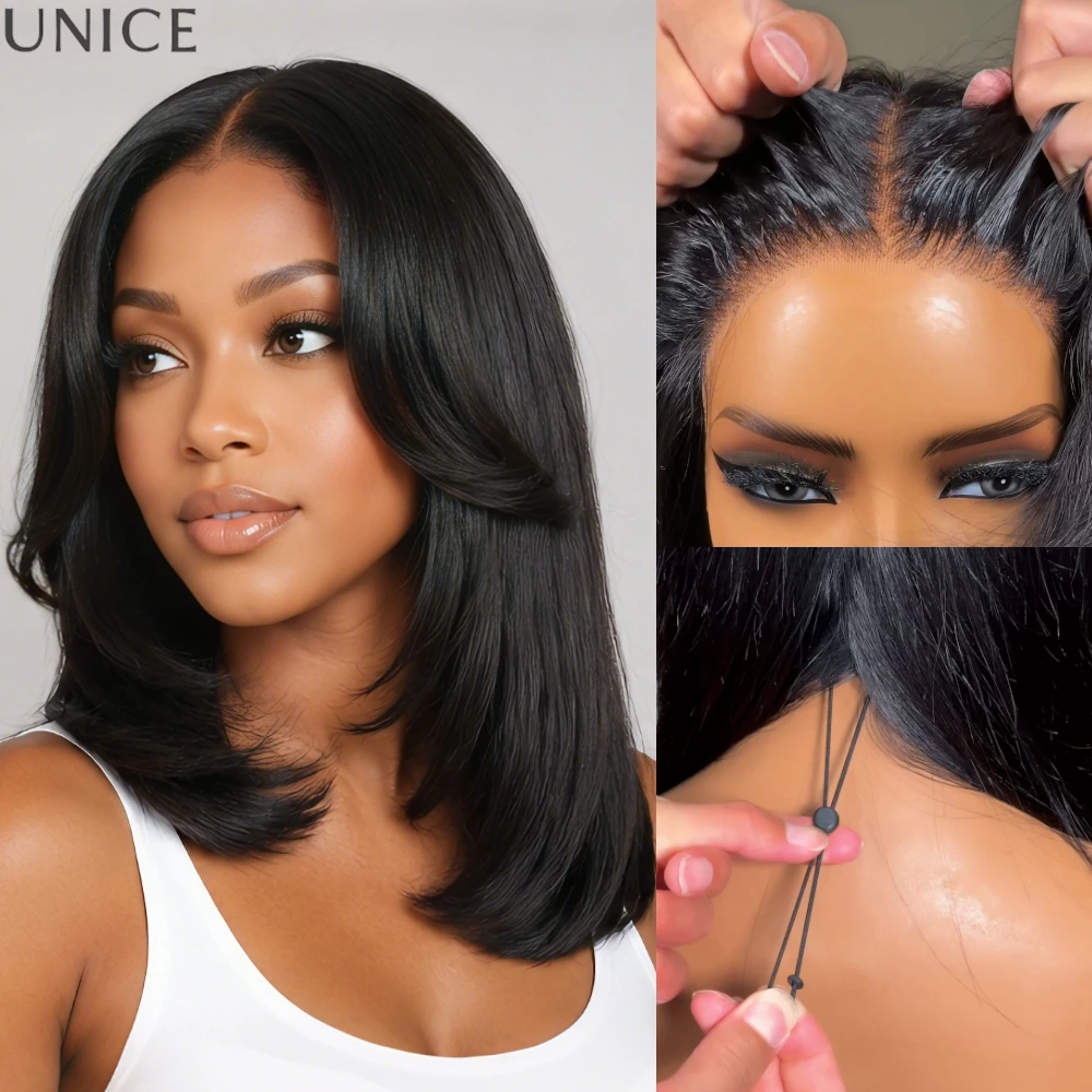 UNICE Bye-Bye Slip 7x5 Lace Blowout Layered Bob Wig With Curtain Bangs 100% Human Hair Glueless Drawstring Wig 150% Density
