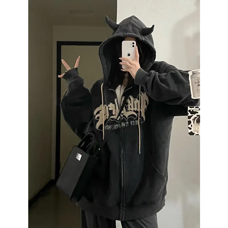 

Women RetroOversize Zipper Letter Embroidery SweatshirtsAutumn Harajuku Angel Ears Hoodies Y2K Long Sleeve Hooded Jackets Tops