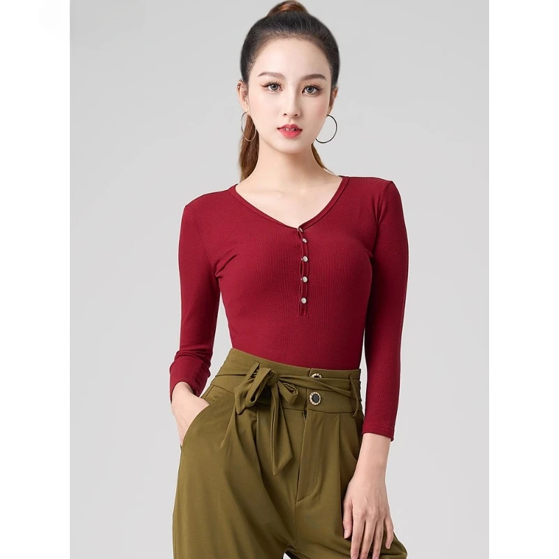 

Latin Dance Costume Tops Women 2026 New Adult Dance Practice Clothes Female V-Neck Senior Sense National Standard Dancewear