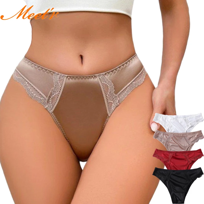 Meet'r Europe And America Silk Satin One-piece Lingerie Low Waist G-string Triangle Underpants New Sexy Lace Panties Underwear
