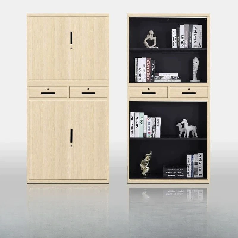 Steel wood grain office filing cabinet, sliding door iron sheet with lock information cabinet household bookcase