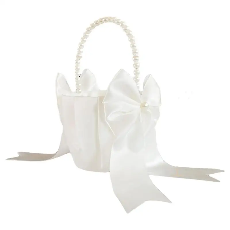 Pearl Flower Girl Basket Satin White Western Rustic Bowknot Wedding Basket Foldable Flower Basket For Floral Petals