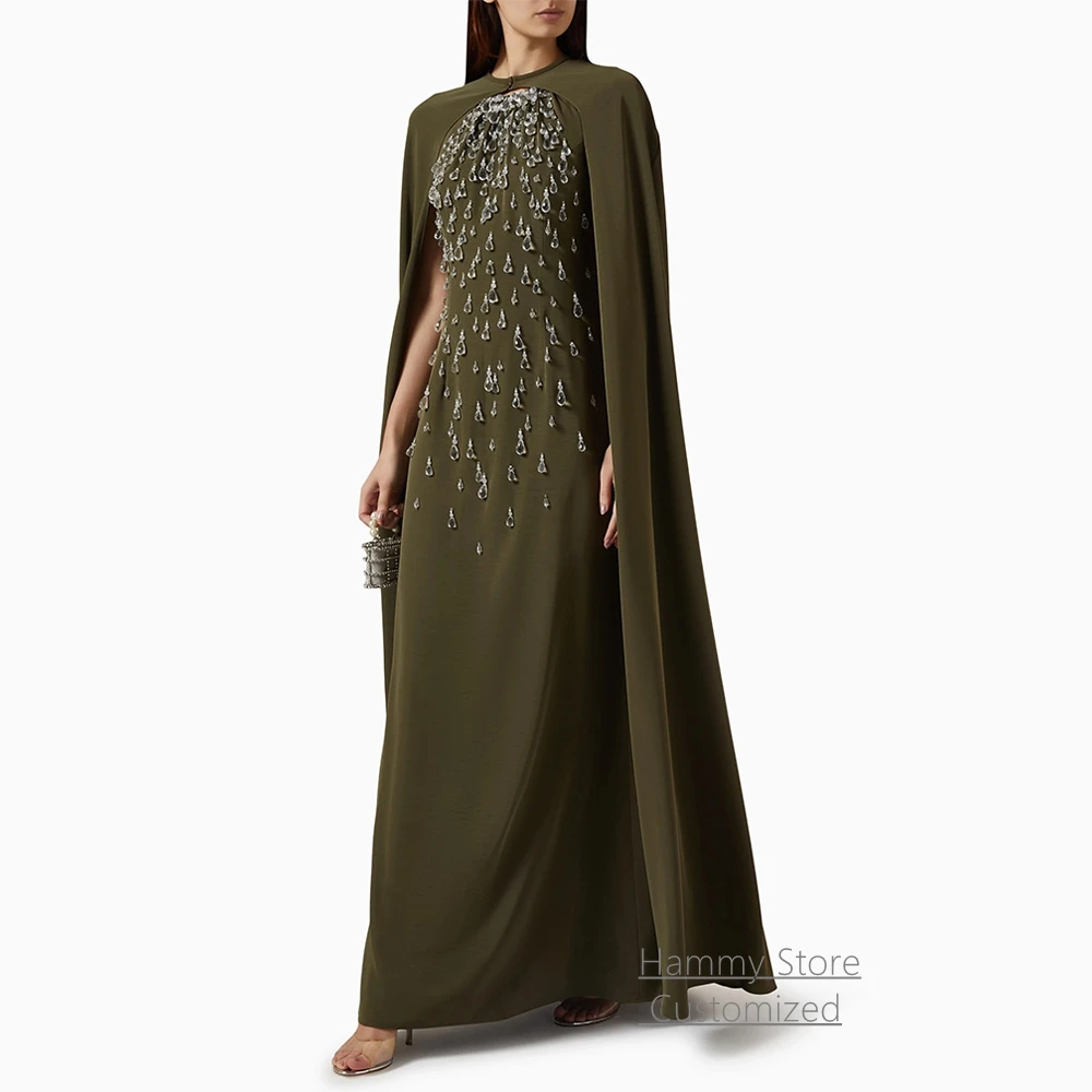 

Elegant Evening Dress Customized Round Neck Sleeveless Crystal A Line Saudi Arabic Prom Gown Party Dresses with Cape