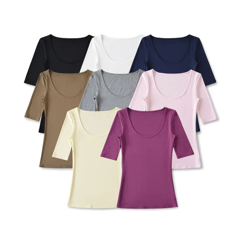 Summer new style women's American-style slim-fit solid colorUSlim-fit pullover with mid-length sleeves and a clean