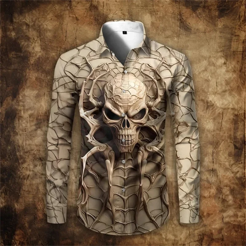 Newest Skull 3D Printed Long Sleeve Shirts For Men Vintage Lapel Button Tops Casual Halloween Cosplay Skeleton Streetwear Shirt