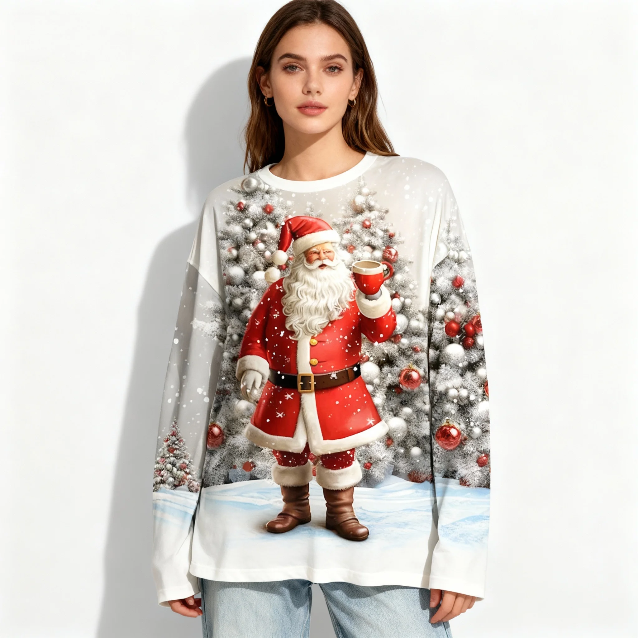 Spring and Autumn Hot Christmas Long Sleeved T-shirt 3D Round Neck Women's Adult Oversized Street Casual Daily Clothing