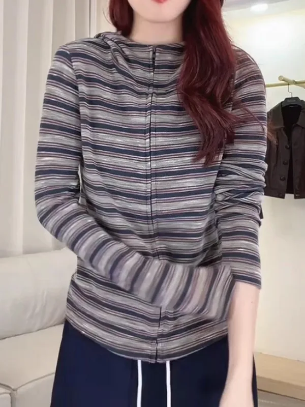 

Women's Striped Hooded Open Cardigan Jaet Autumn Winter plus Size Slimming Long Sve Zipper Hoodie Comfortable Fit Sweats...