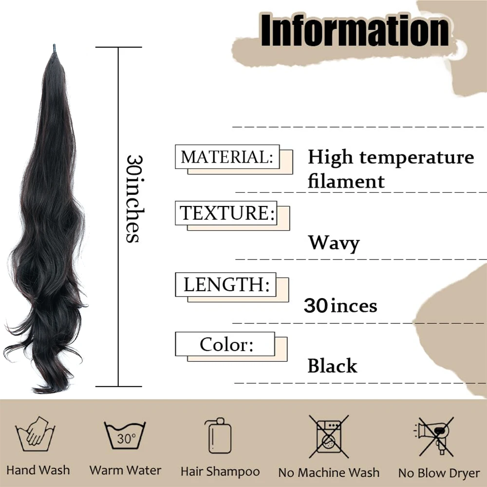 30Inch Synthetic PonyTail Wrap Around PonyTail Long Wavy Hair Extensions Black Blonde Hairpiece For Women