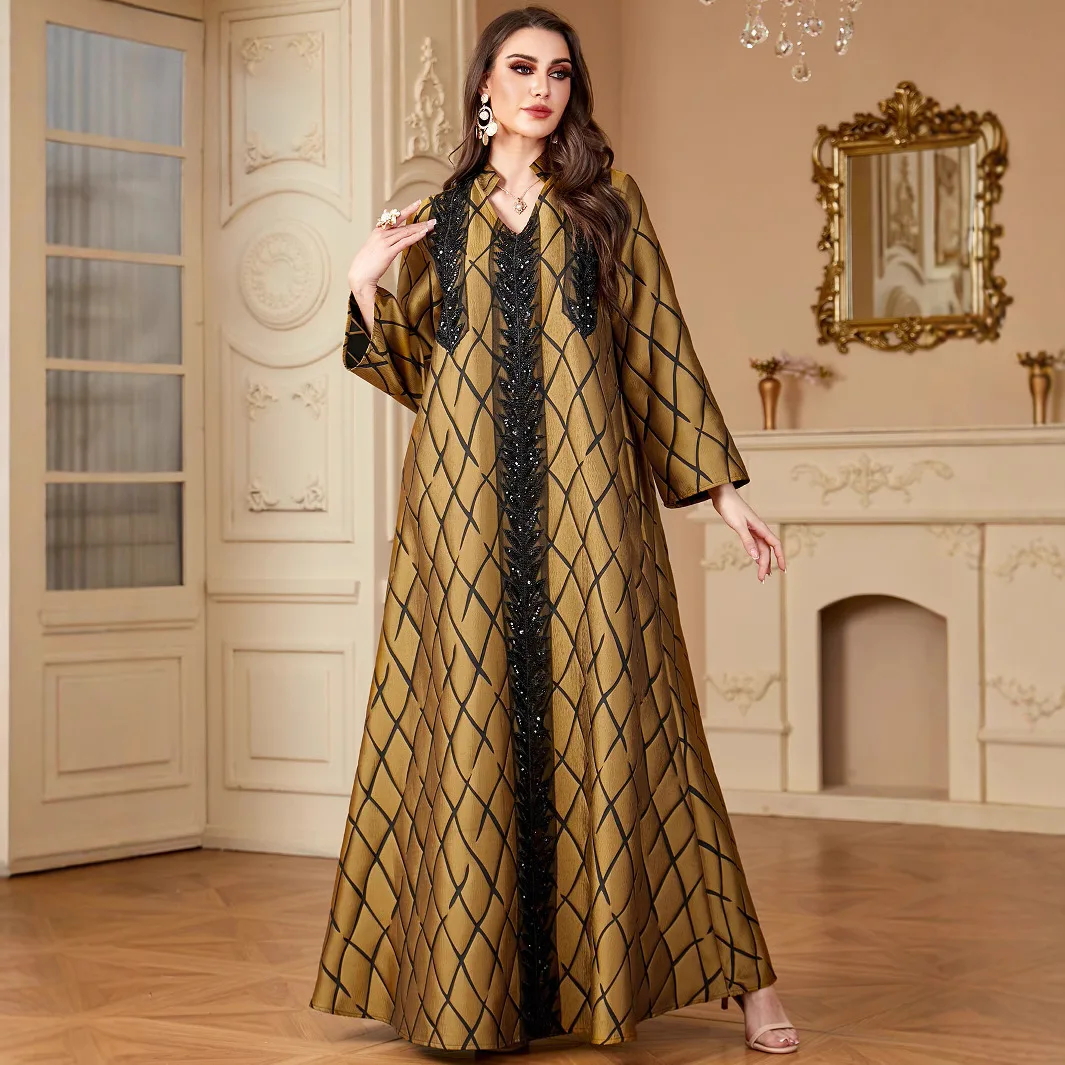 UNI Ramadan Muslim Stripe Abayas for Women's Sequins Patchwork Dresses V-Neck Casual Loose Stylish Dress Kebaya 2024