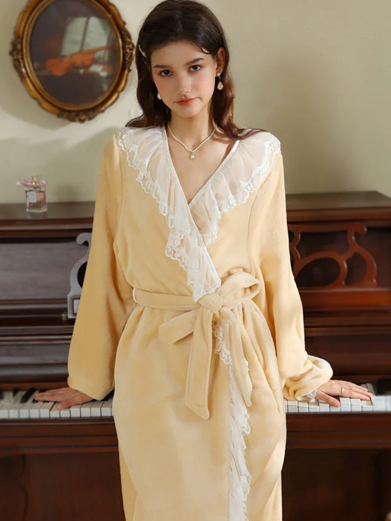 Autumn Winter Sexy Lace Coral Velvet Nightgown for Women Sweet Girl Vintage French Princess Long Sleeve Flannel Night Robe Dress