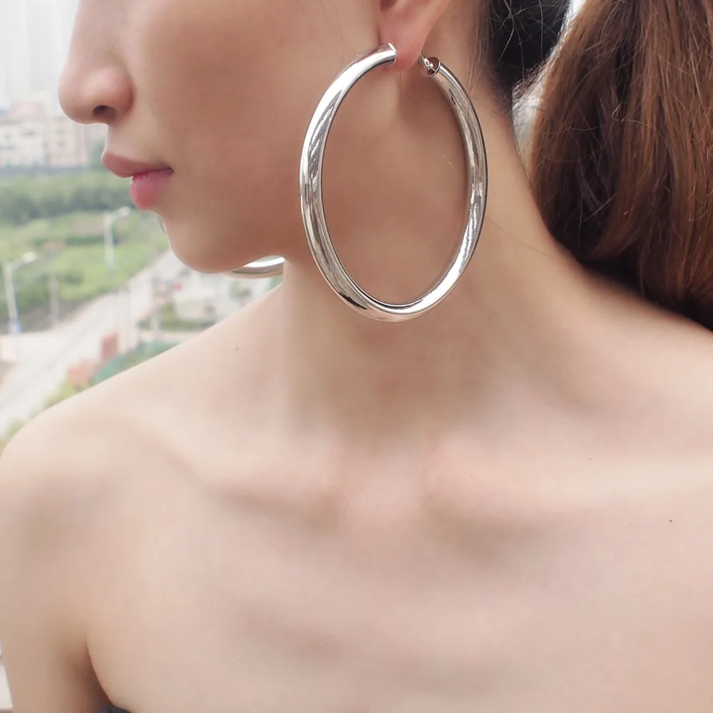 90mm Diameter Wide Copper Hoop Earrings Unique Round Metal Statement Big Earrings For Women Jewelry UKEN