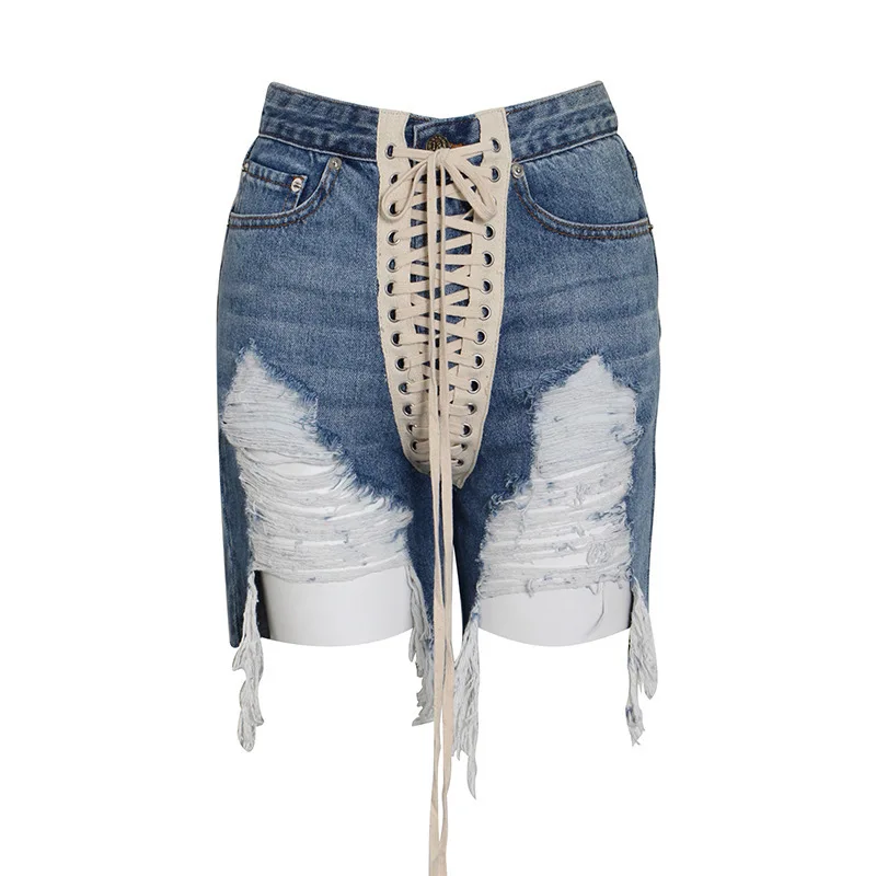 ANJY Estate Nuove Donne Chic Y2K Streetwear Vintage Diatressed Patchwork Croce Cravatta Personalità Della Moda Sexy Denim Hot Shorts A7150