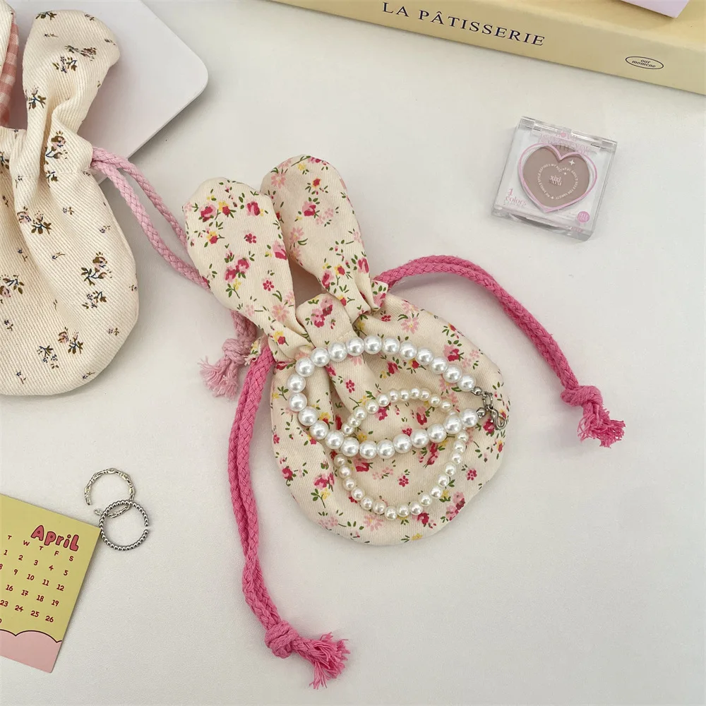 Blumentasche aus Polyester mit Hasenohren, Kordelzug, Schlüsselhalter, Organizer, tragbare Geldbörsen für Frauen, Münzaufbewahrung, Reisen