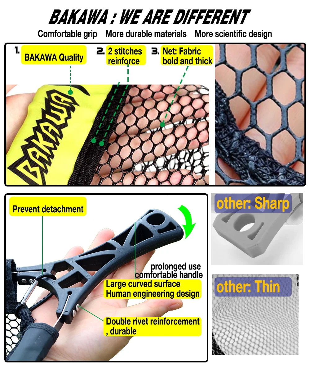 BAKAWA 25 30 S L Compact Folding Landing Net Rubber Mesh Lightweight Portable Fish Net Bass Fishing Quality Net Pesca Accesorios - view 6
