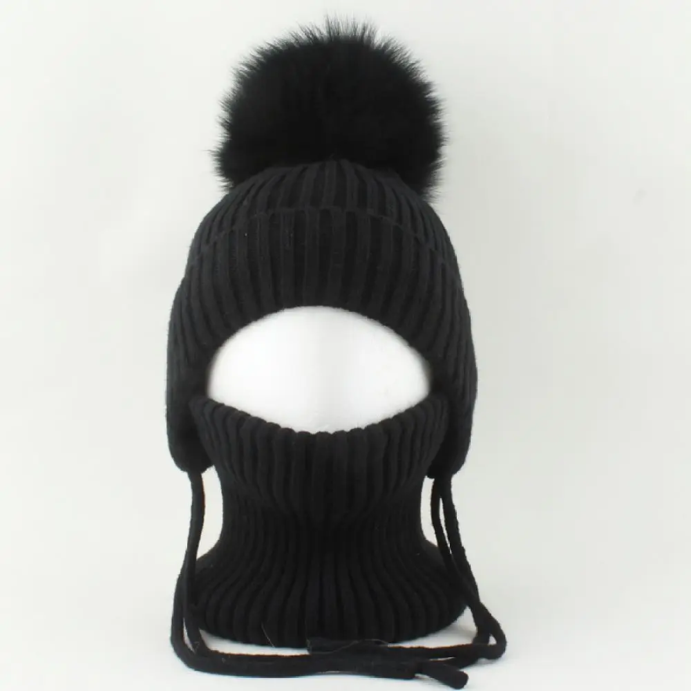 winter-kids-knitted-hat-scarf-set-real-fur-ball-thickened-fleece-lined-warm-ear-protection-cap-unisex-soft-beanie-for-danchaofan