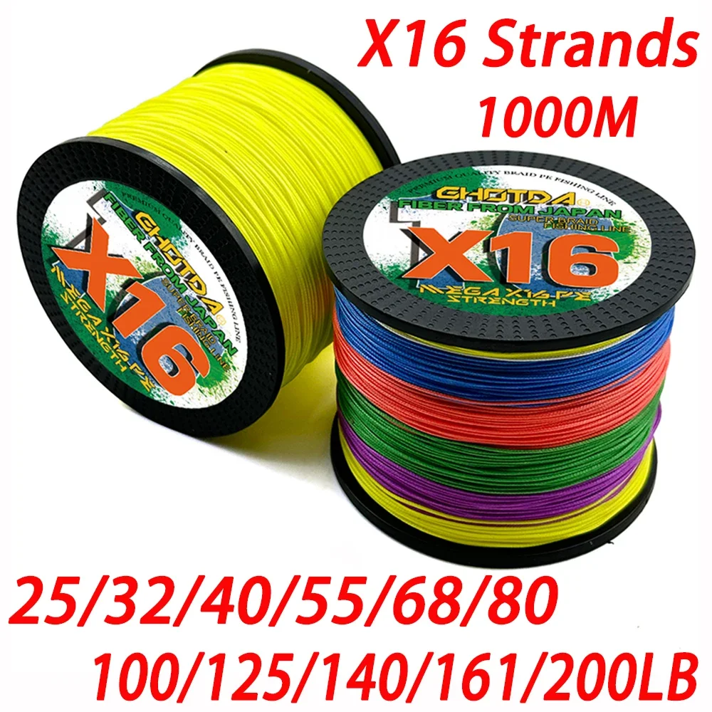 

Durable X16 1000M HollowCore PE Extreme Braided Fishing Line 16Strands 11.3kg-91kg Stronger Carp Lines Multicolor 25LB-200LB