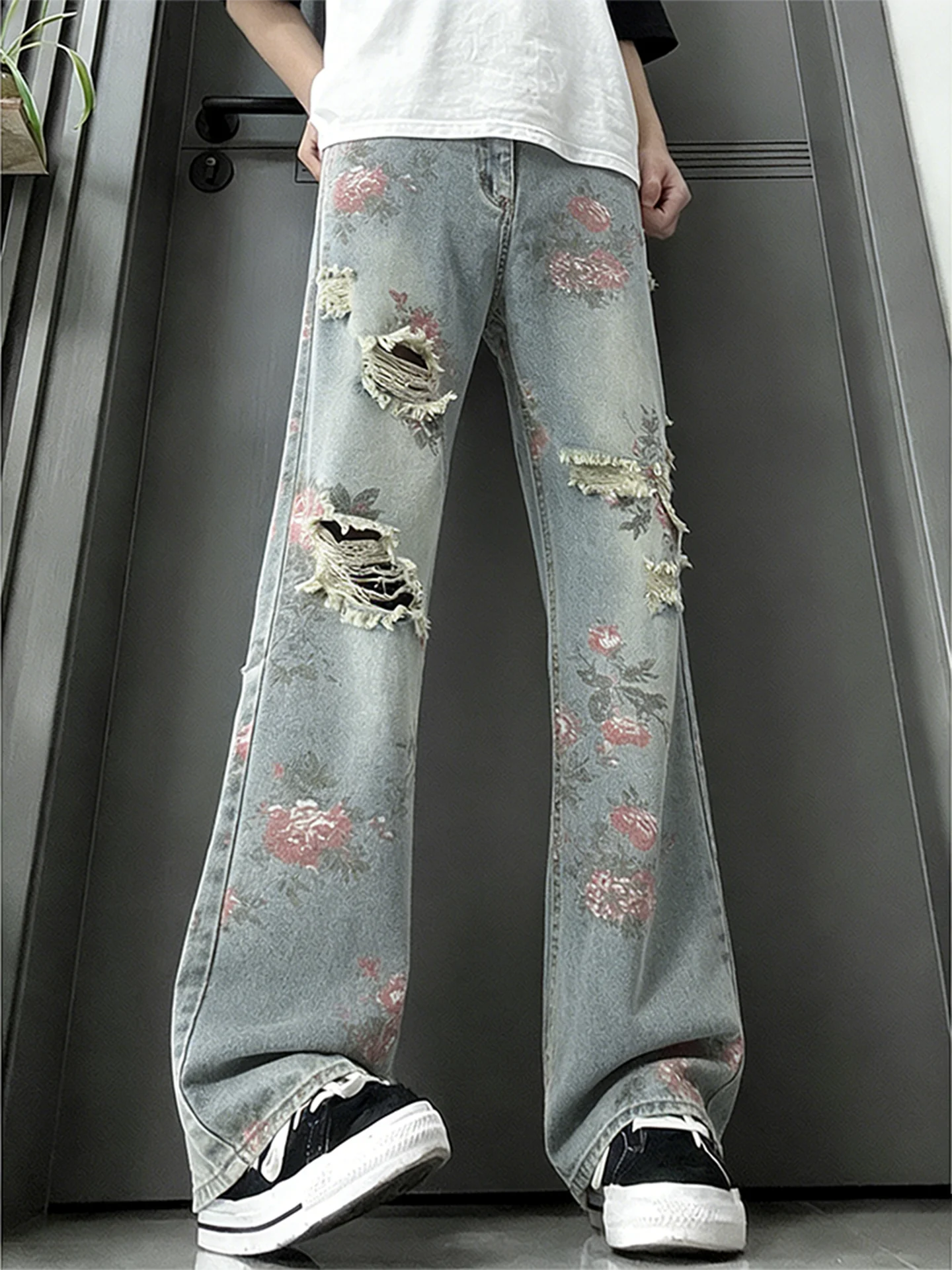 Floral Hole Denim Jeans Men's Women's American High Street Design Breakaway Straight Micro Flare Knife Pants Casual Cotton Po...