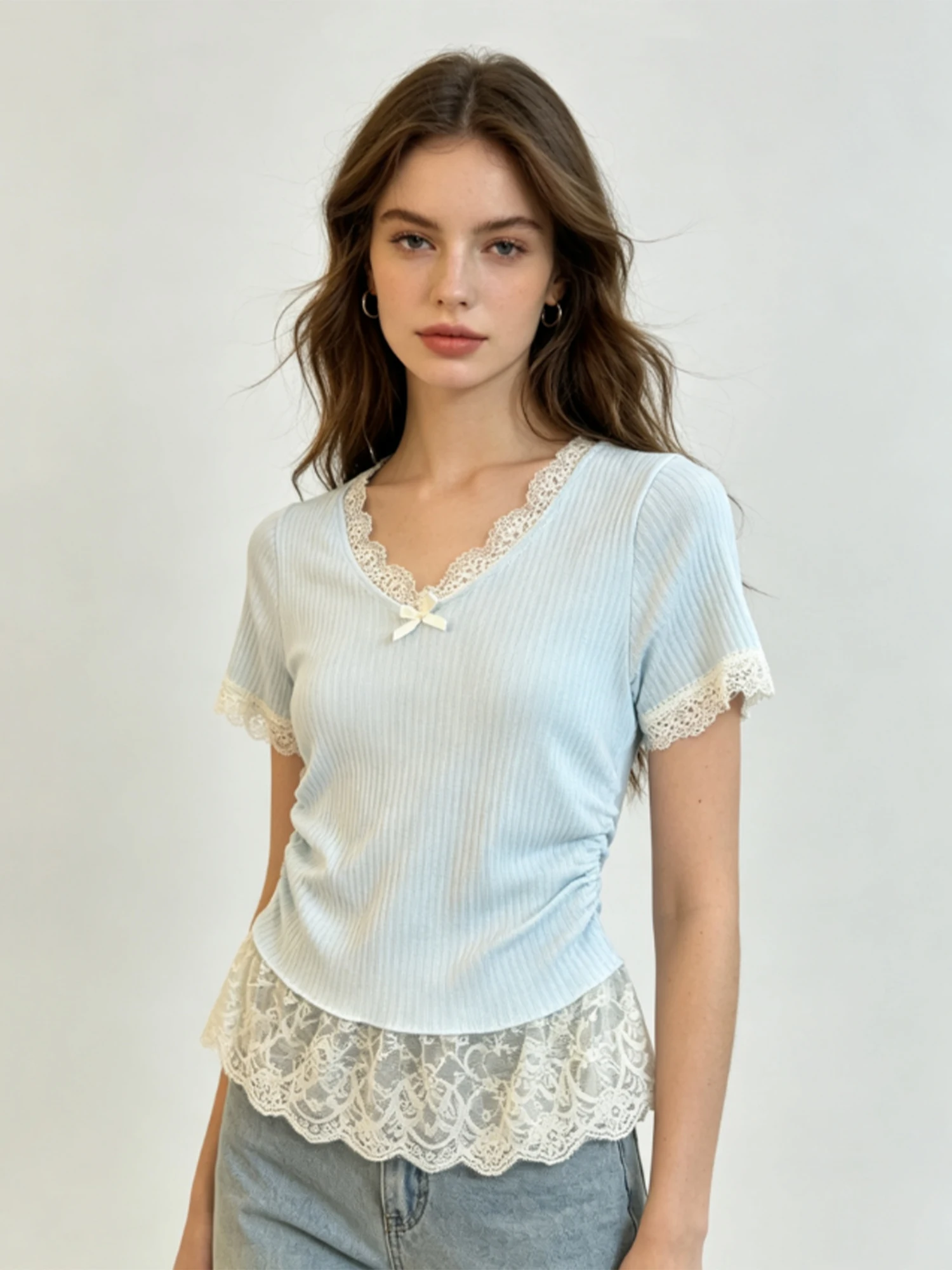 Women's Light Blue Lace Patchwork V-neck T-shirt Y2K Gyaru T-shirt Short Sleeve Knit Tee Top Casual Sweet T-shirt Summer 2026