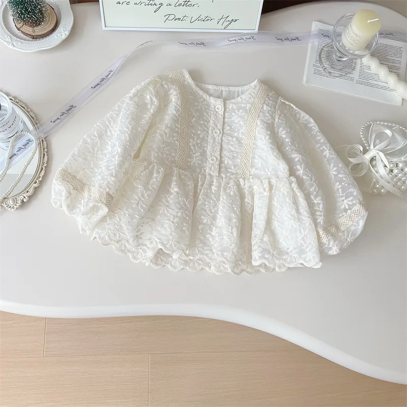 

Baby Girls Blouses Lace Embroidered Floral Lantern Sleeves Swing Doll Shirt Top 2025 Spring New Korean Style Girls Shirts Dress