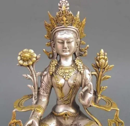 8.86 Inch Tibet Silver Copper Gilt  White Tara Buddha Tibetan Buddhism Statue