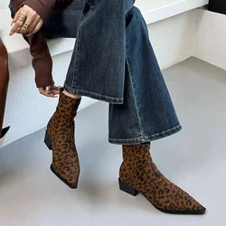 Women Ankle Boots Leopard Print Fashion Elegant Dancing Party Prom Shoes Woman Square Heels Women's Modern Short Boots