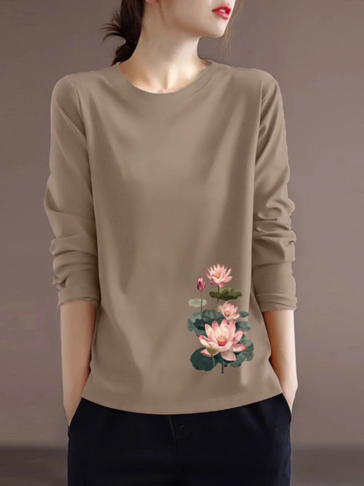 Loose Long Sleeve Printed T-Shirt Women's Casual Style Inner Wear Base Layer Meat Concealing Trendy Body Shirt Autumn Winter